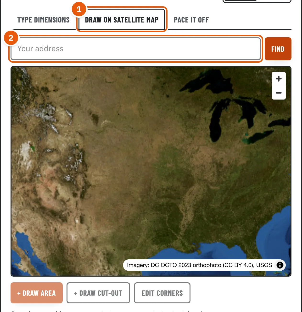 The measuring box with the Draw on satellite map tab selected, an empty address box, and a satellite map of the United States.