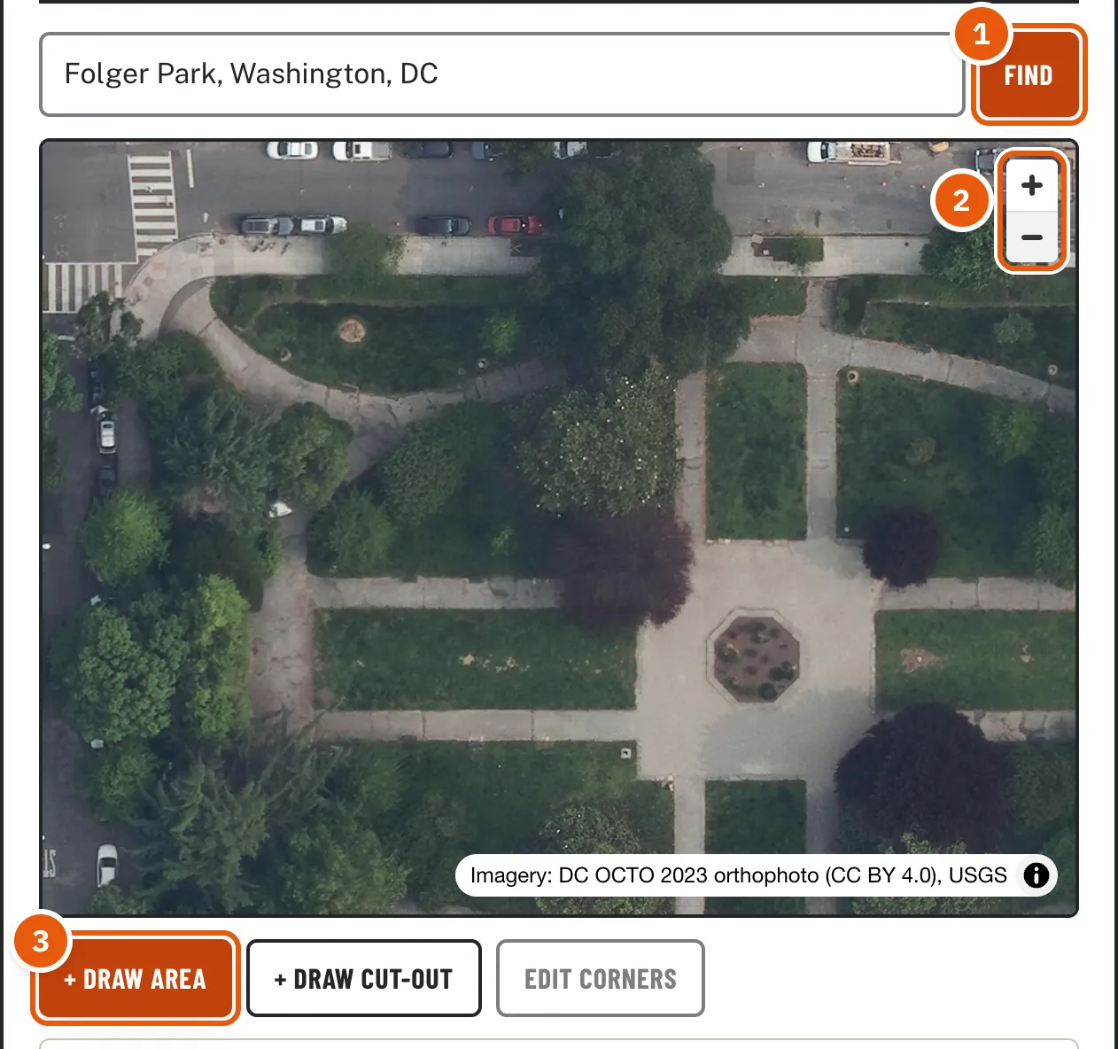 The map zoomed in on a park with lawns, paths, and a round flower bed. The Find button, zoom buttons, and Draw area button are marked 1, 2, and 3.