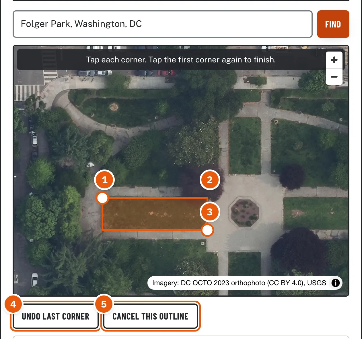 Three corners of a rectangular lawn tapped, numbered 1 to 3, with an orange shape forming. Below the map are the Undo last corner and Cancel this outline buttons.
