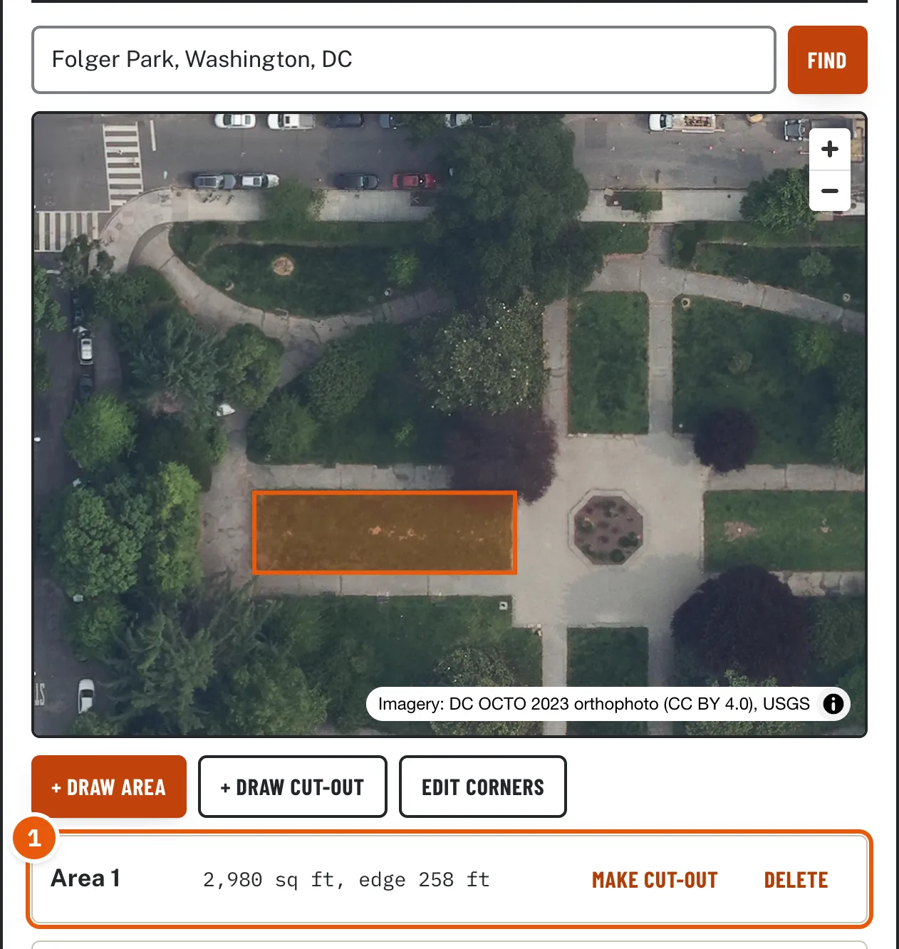 The finished rectangle outlined in orange on the lawn, and the list below showing Area 1, 2,980 sq ft, edge 258 ft.