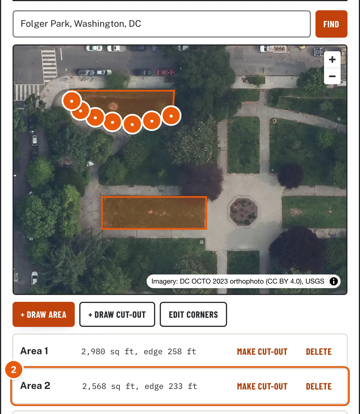 A second lawn with a curved lower edge traced with seven taps along the curve, and the list showing Area 2, 2,568 sq ft.