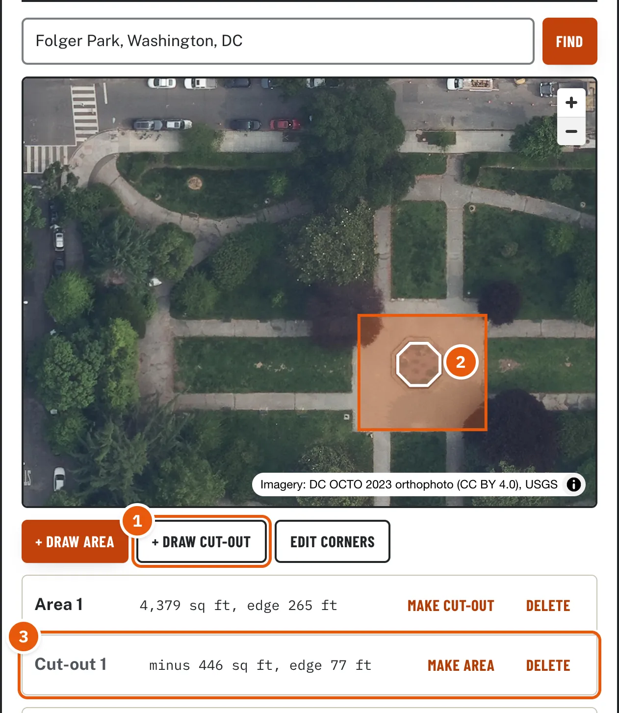 A square paved area outlined in orange with the round flower bed in its middle traced in white as a cut-out. The list shows Area 1, 4,379 sq ft, and Cut-out 1, minus 446 sq ft.